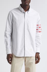 Thom Browne Lobster Embroidery Detail Stripe Cotton Button-Down Shirt