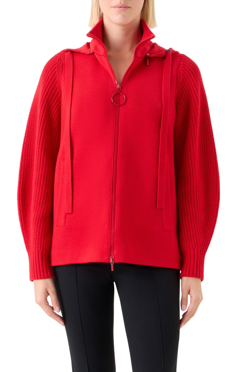 Akris punto Merino Wool Blend Hooded Zip Cardigan, Main, color, Vermillion