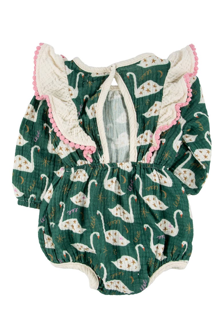 Ingrid Print Ruffle Accent Cotton Bubble Romper, Alternate, color, SWAN LAKE