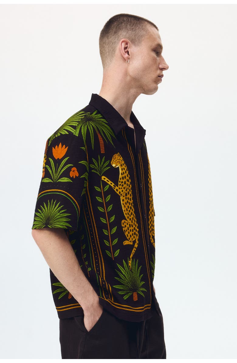 H&M Relaxed Fit Printed Resort Shirt, Alternate, color, Dark Brown/Leopard