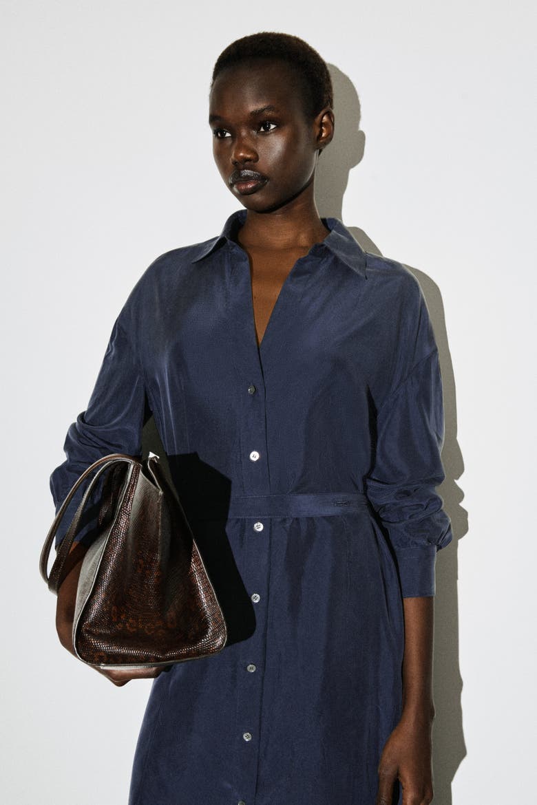 Gathered Washed-Silk Midi Shirt Dress, Alternate, color, NAVY