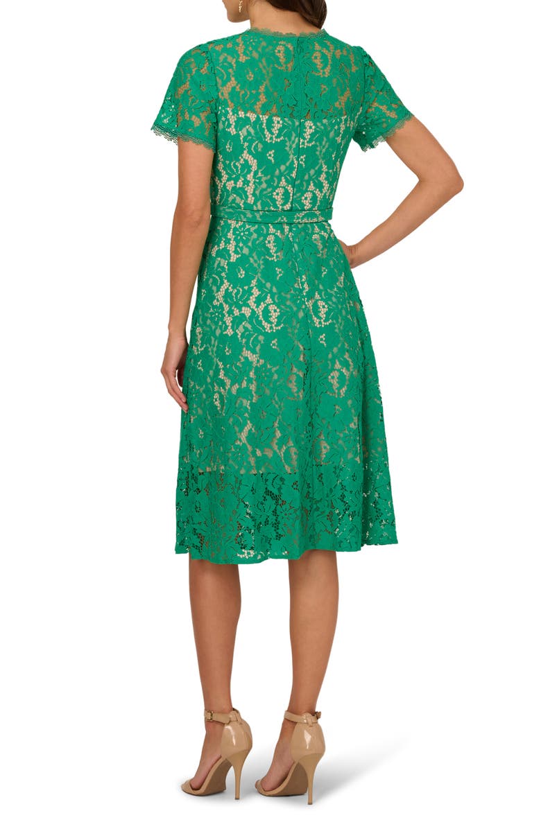 Adrianna Papell Short Sleeve Belted Lace Midi Dress, Alternate, color, 