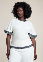ELOQUII Stripe Detail Short Sleeve Sweater