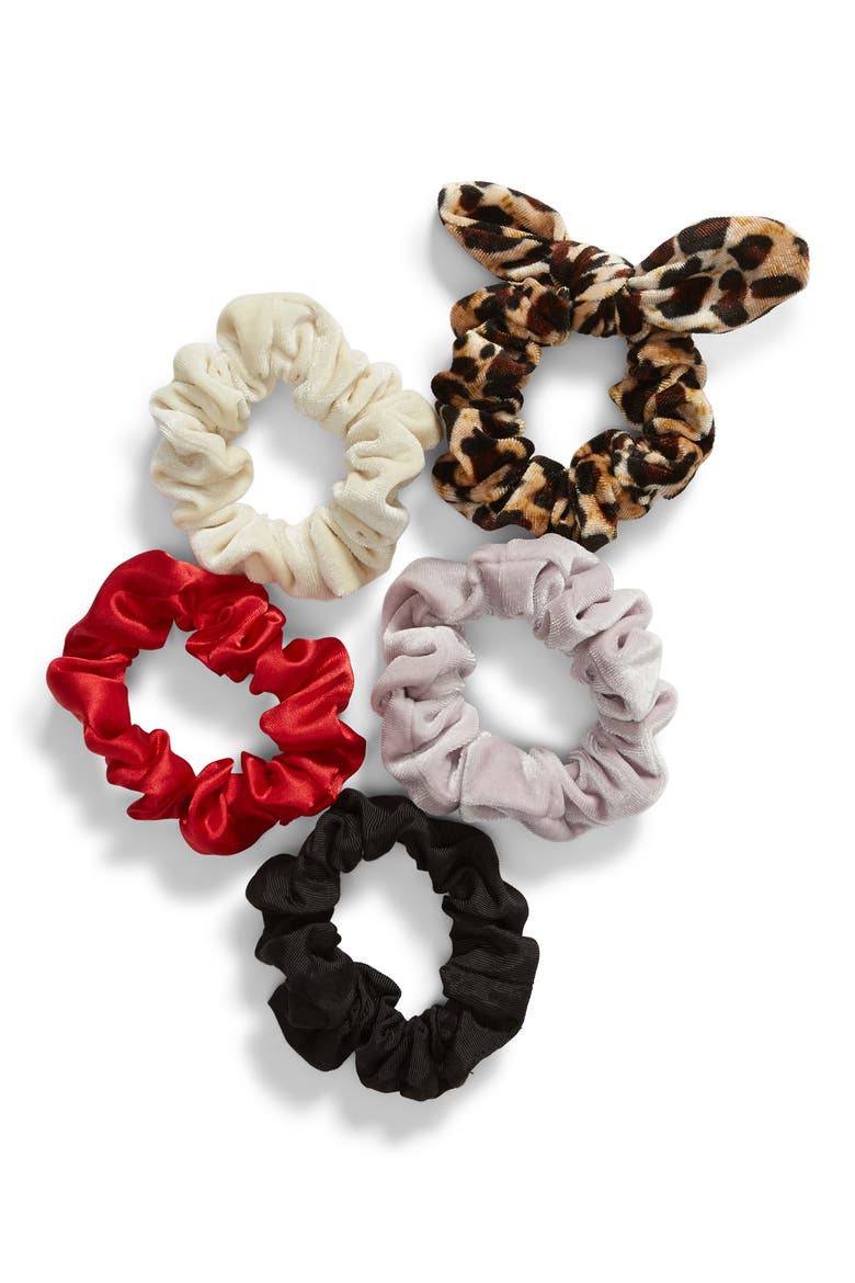 x Claudia Sulewski 5-Pack Velvet Scrunchies, Main, color, LEOPARD