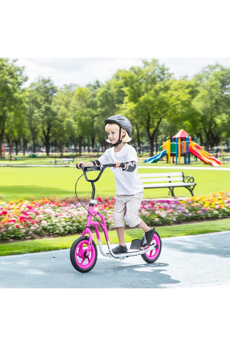 Kids Scooter, Lightweight Scooter with Adjustable Handlebar, Rear Brake, Kickstand, Footplate, 12" EVA Wheels, for 5-12 Years, White, Alternate, color, Pink