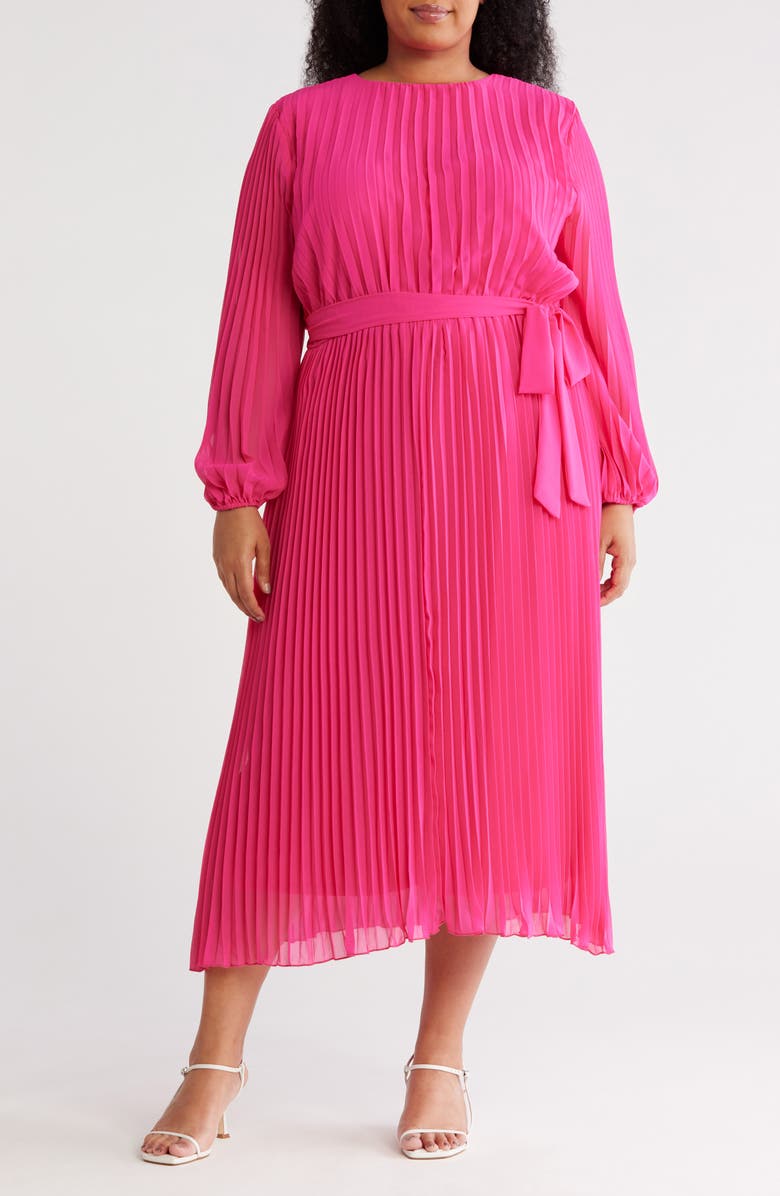Marina Pleated Long Sleeve Chiffon Dress, Main, color, Fuchsia