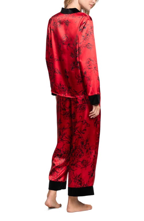 In Bloom By Jonquil Velvet Trim Floral Print Satin Pajamas In Red