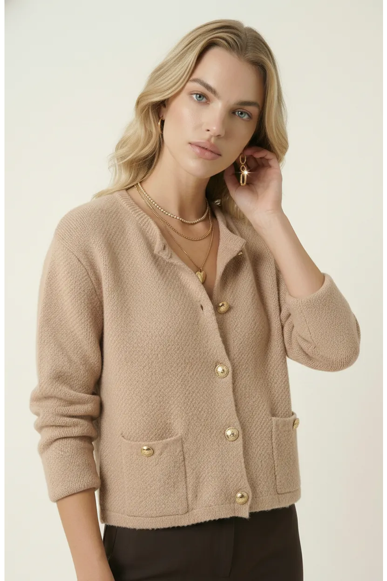 Textured Knit Gold Button-Front Patch-Pocket Cardigan, Alternate, color, Beige