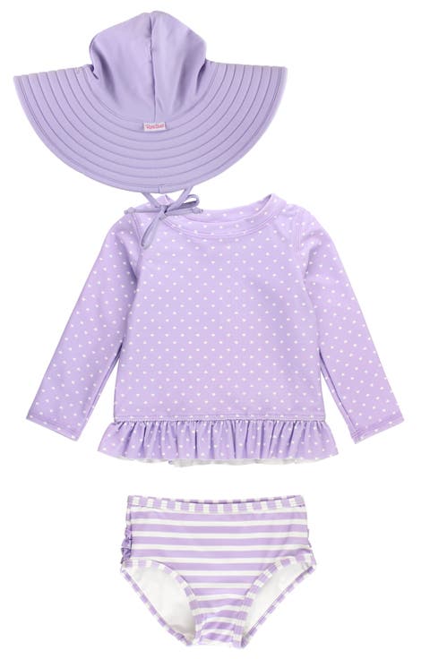 Ruffle Long Sleeve Two-Piece Rashguard Swimsuit & Hat Set (Baby)