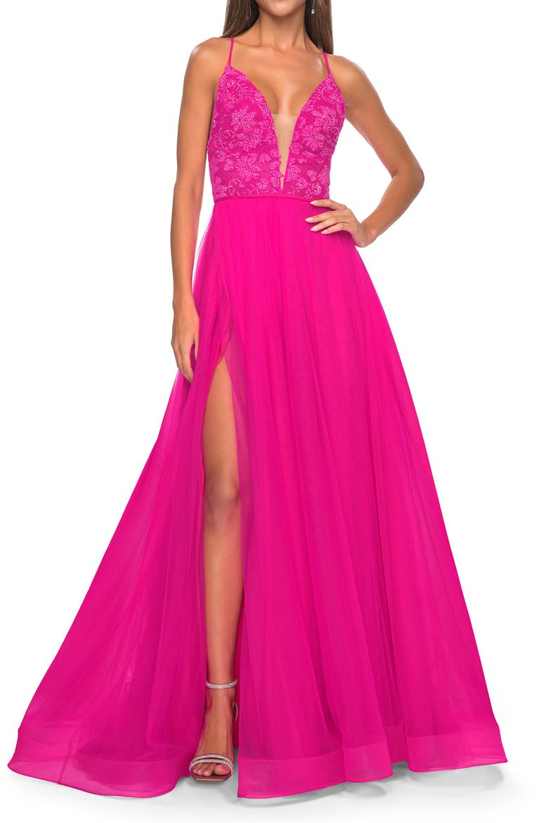 Illusion Lace Bodice A-Line Tulle Prom Dress with Slit, Main, color, Hot Fuchsia