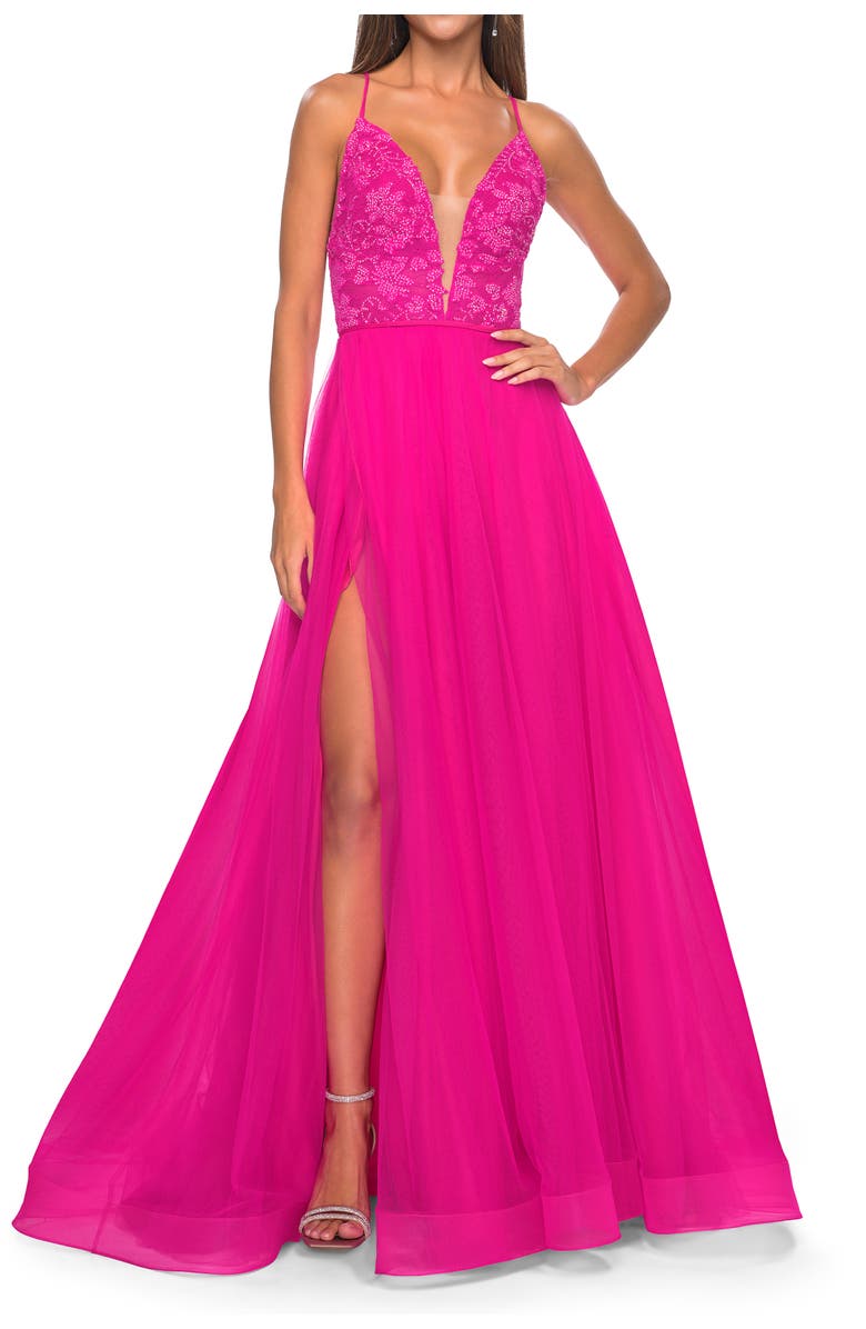 La Femme Illusion Lace Bodice A-Line Tulle Prom Dress with Slit, Main, color, Hot Fuchsia