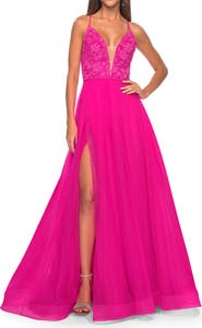 La Femme Illusion Lace Bodice A-Line Tulle Prom Dress with Slit