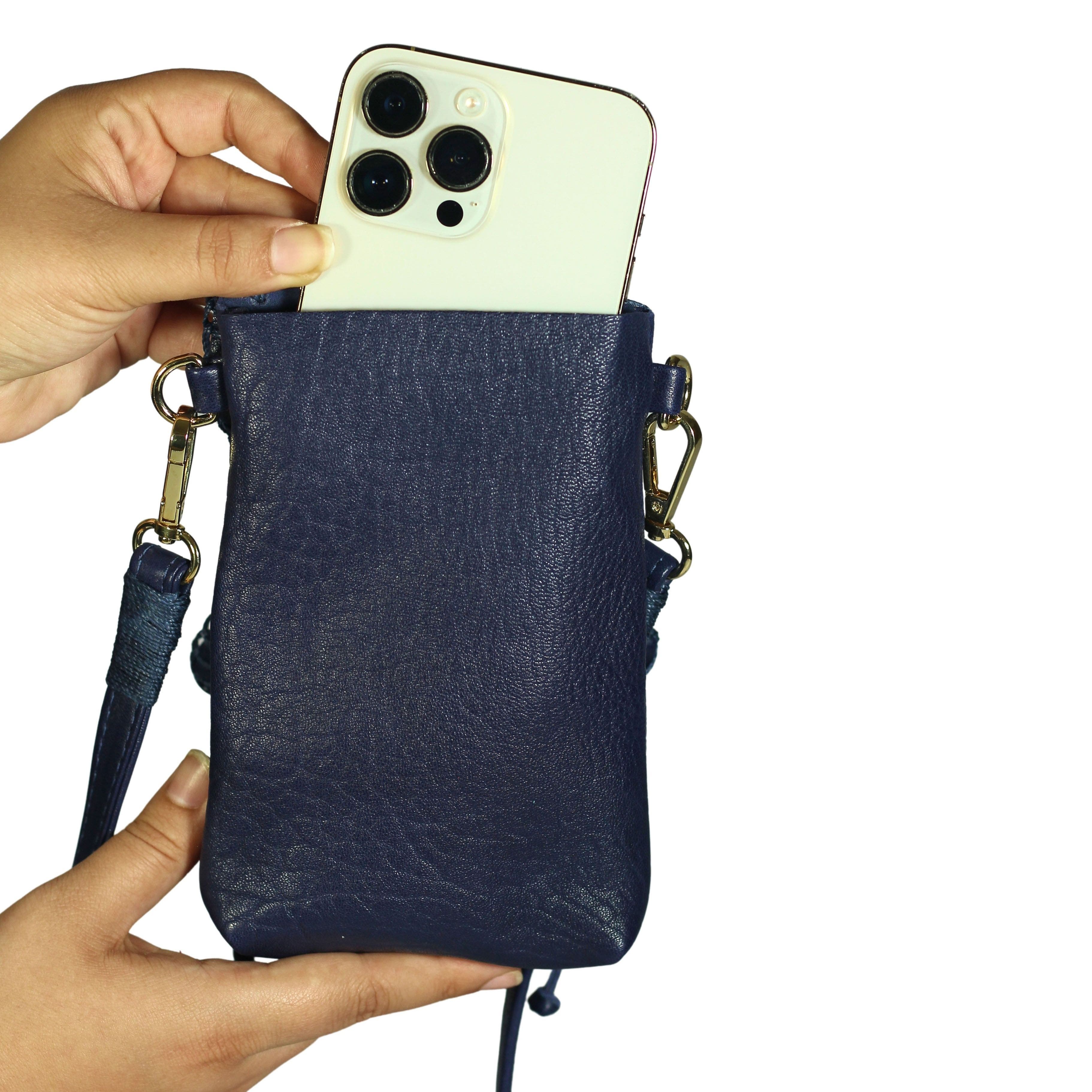 Cell Phone Butterly Lambskin Leather Bag, Alternate, color, Navy