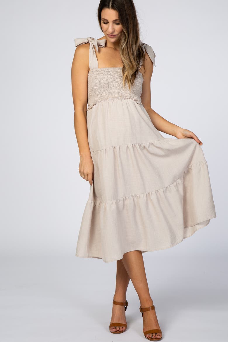 Bow Strap Tiered Midi Dress, Alternate, color, Beige