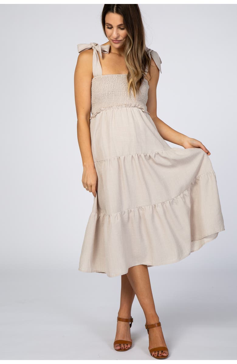 PinkBlush Bow Strap Tiered Midi Dress, Alternate, color, Beige