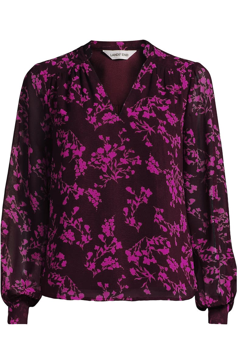 Lands' End Chiffon Removable Tie Neck Blouse, Alternate, color, Lush Burgundy Wildflowers