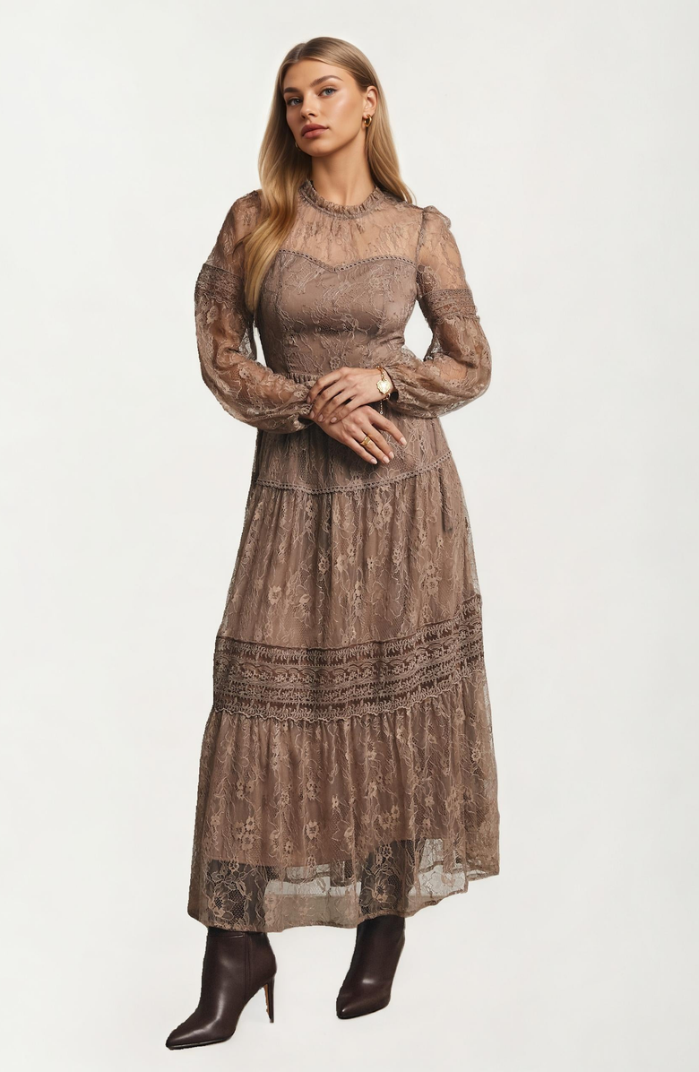 Knit and Lounge Long Sleeve Lace Maxi Dress with Tiered Skirt, Main, color,
