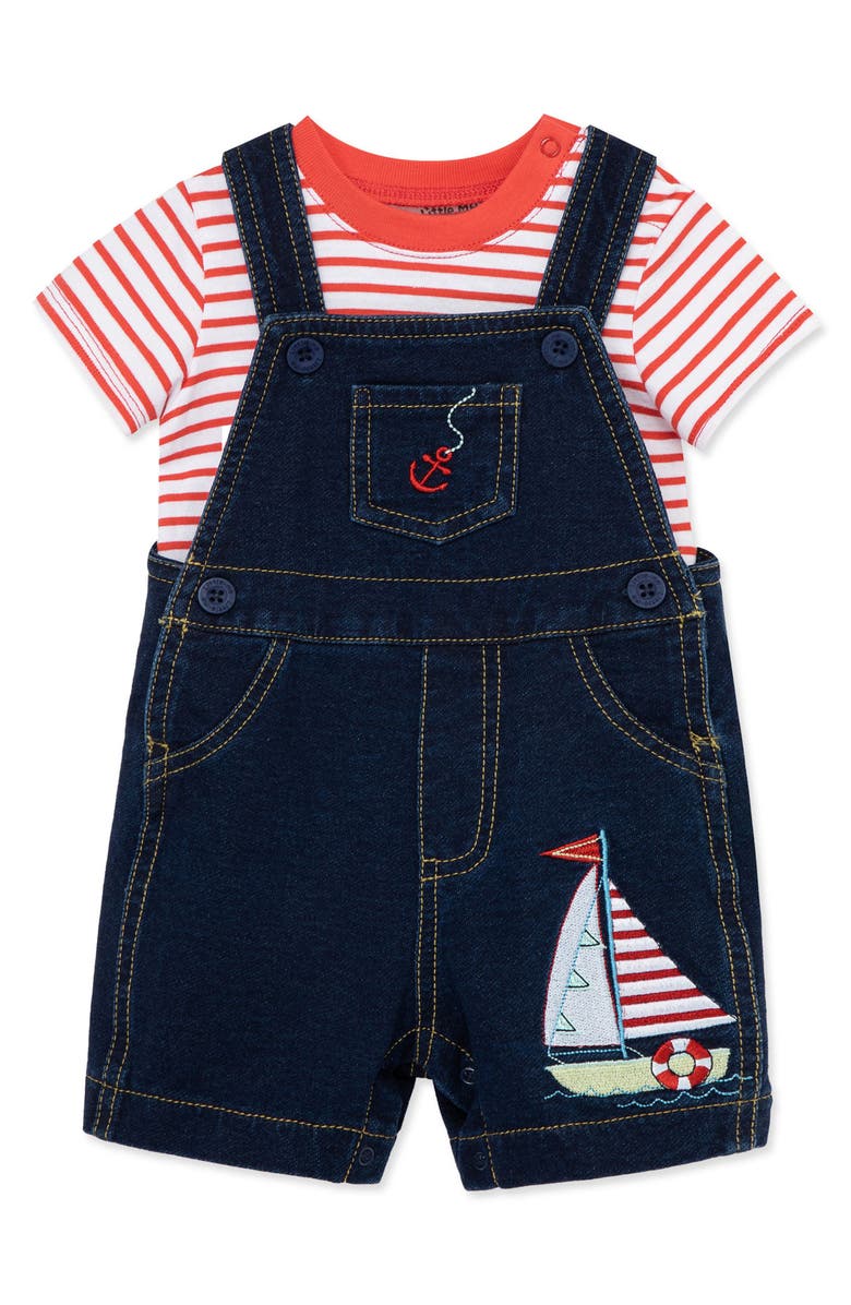 Little Me Sailboat Stripe T-Shirt & Shortalls Set, Alternate, color, 