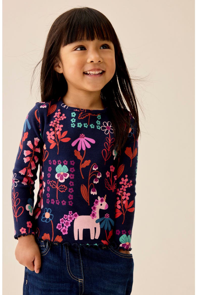Kids' Unicorn Print Rib Long Sleeve Top, Alternate, color, BLUE