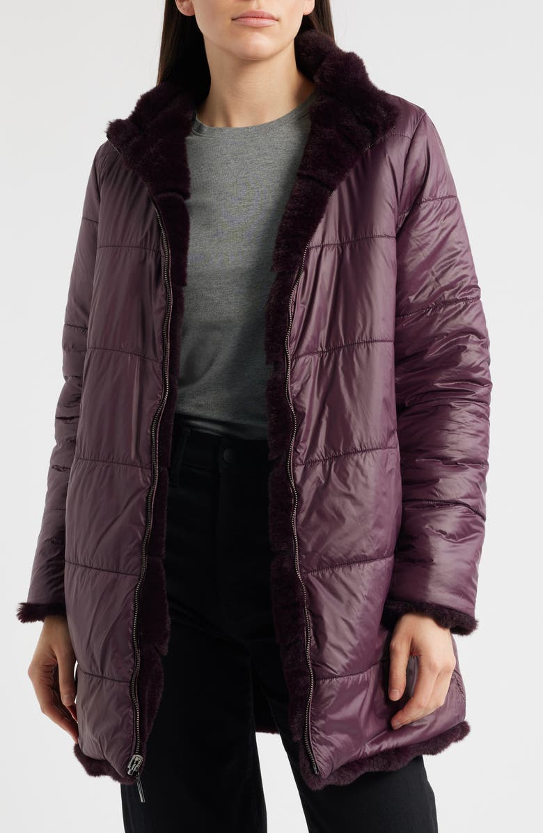 Via Spiga Wavy Reversible Faux Fur Quilted Coat, Alternate, color, Burgundy