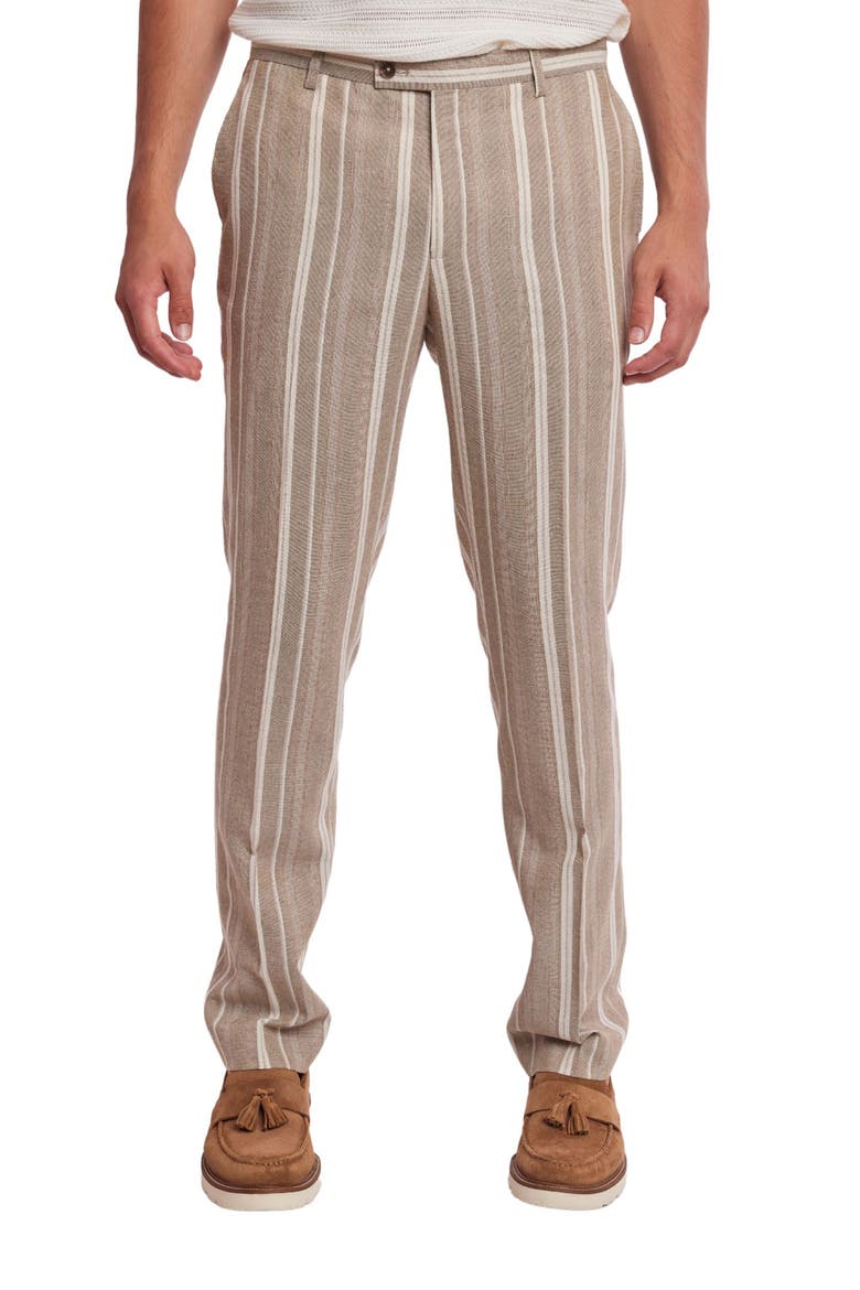 Downing Slim Flat Front Stripe Linen Blend Dress Pants, Main, color, TAN BEIGE STRIPES