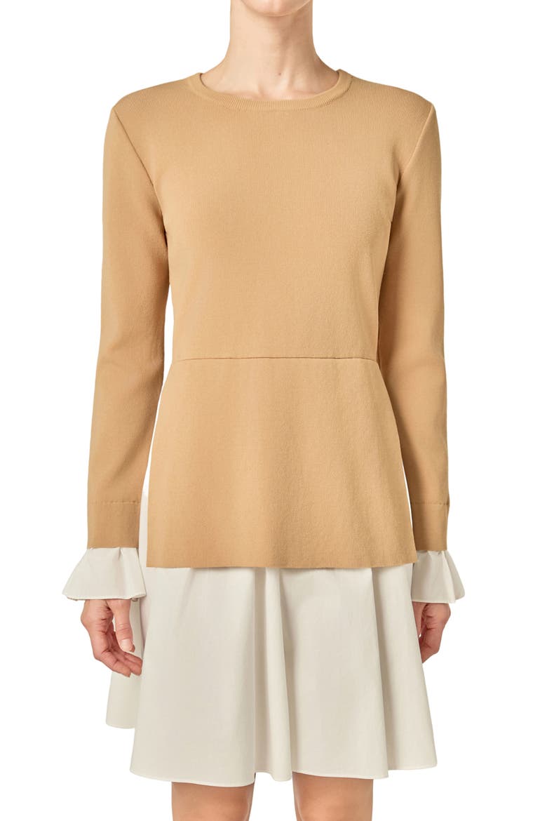 Combo Knit & Poplin Dress, Alternate, color, TAN/ WHITE
