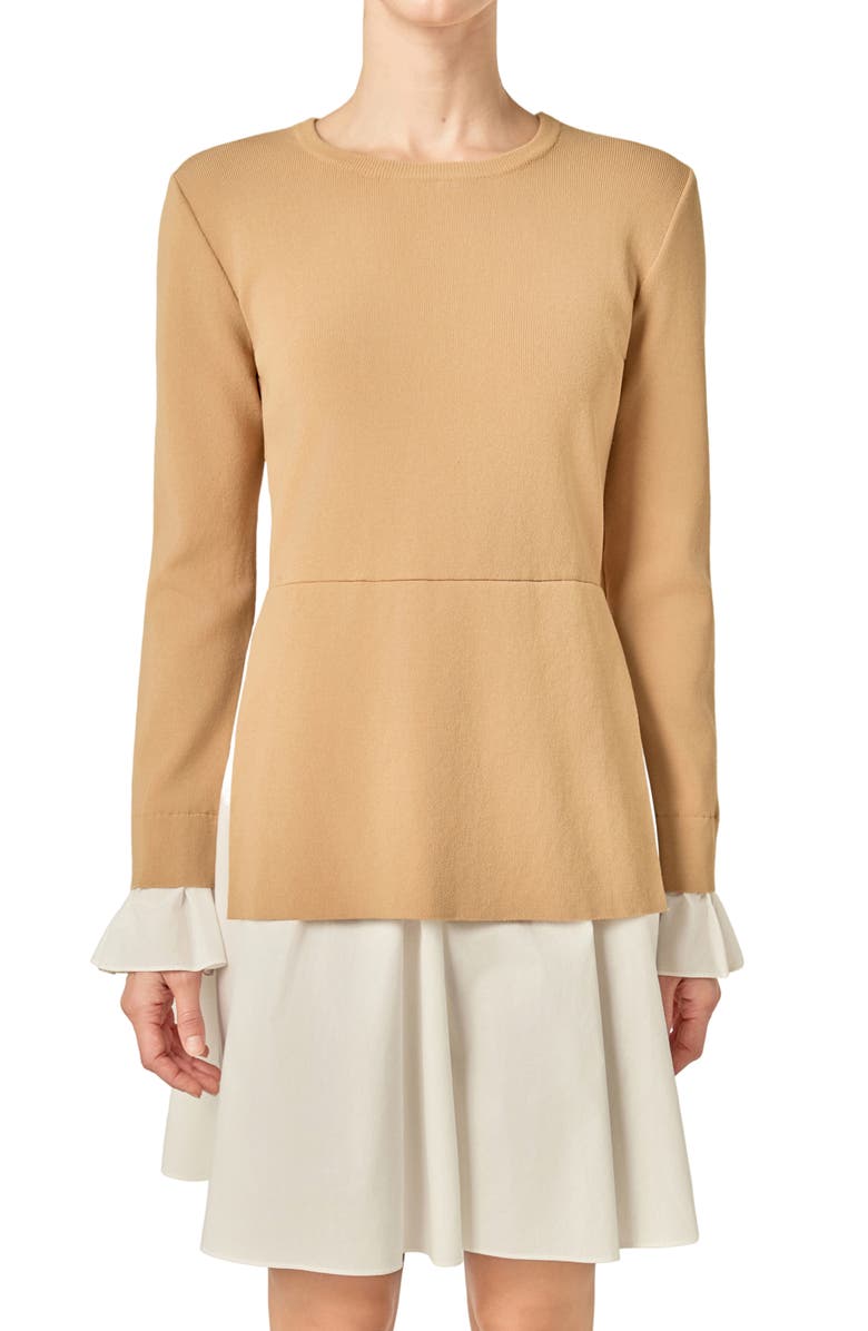 English Factory Combo Knit & Poplin Dress, Alternate, color, Tan/ White