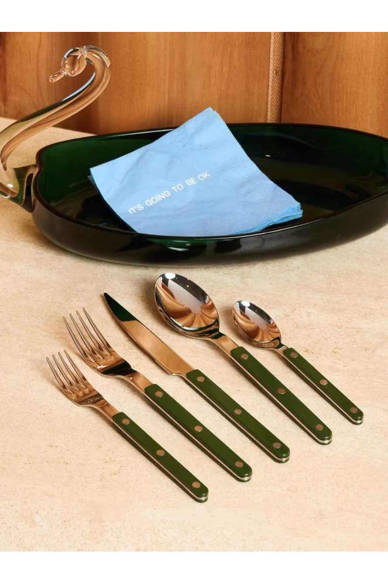 French Retro Flatware Set, Stainless Steel Rivet Cutlery Silverware, Alternate, color, Green