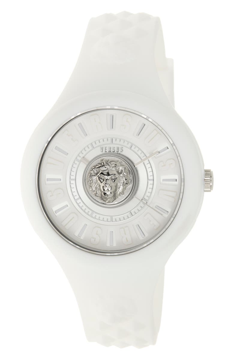 VERSUS Versace Women's Fire Island Lion Silicone Strap Watch, 39mm, Main, color, White