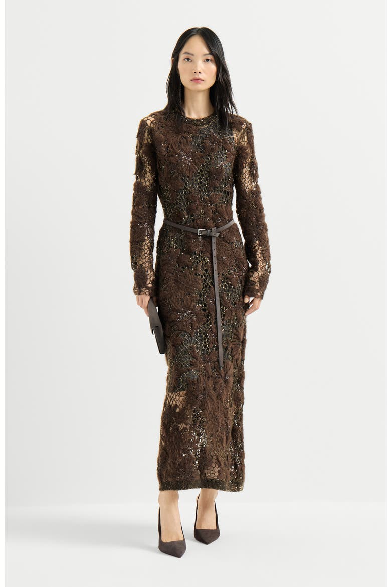 Whispering bloom embroidery knit dress in sparkling mohair and wool, Alternate, color, Brown