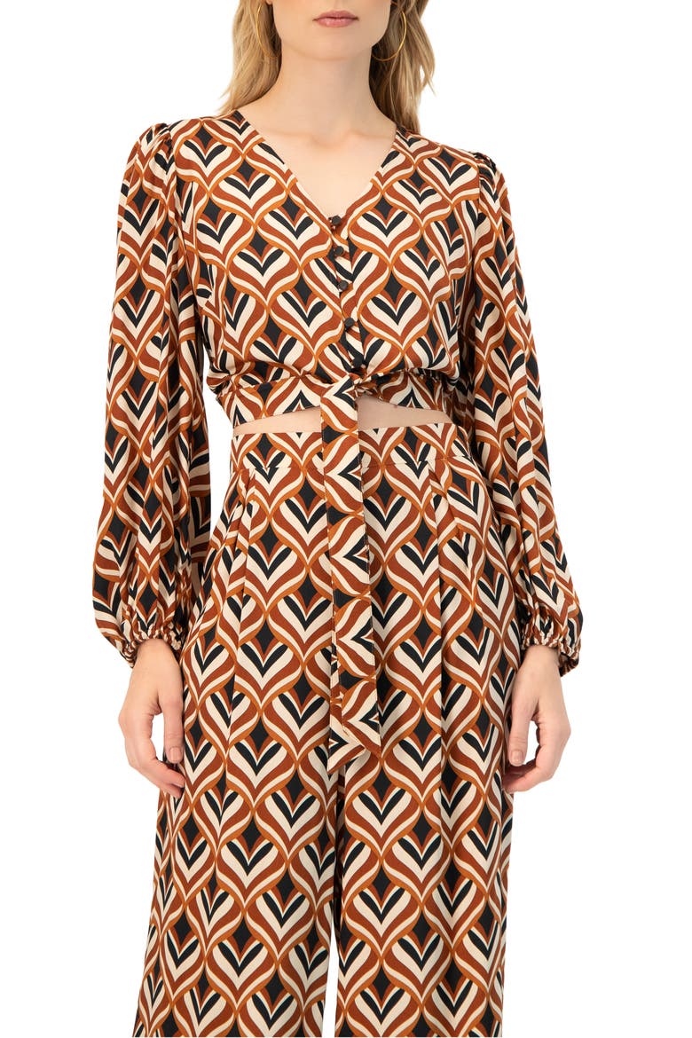 V-Neck Geometric Print Blouse with Bottom Tie, Main, color, Multi-Brown