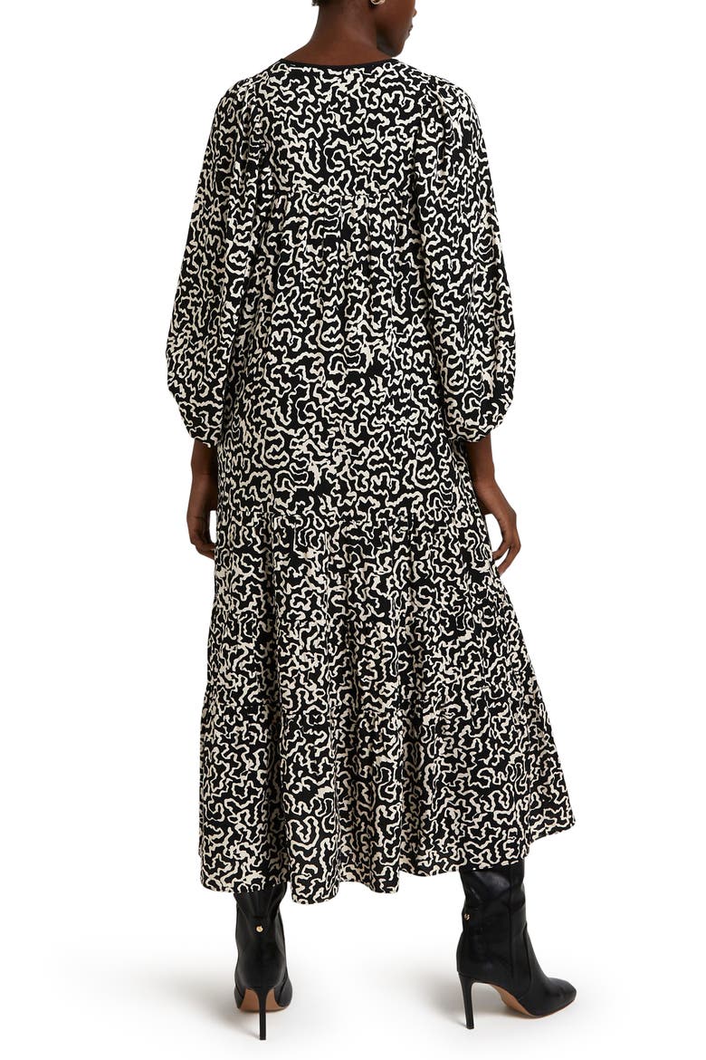 Squiggle Balloon Sleeve Midi Dress, Alternate, color, BLACK