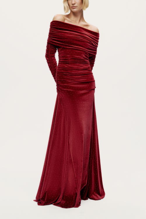 Nocturne Off-shoulder Velvet Maxi Dress With Rhinestone Detail In Red