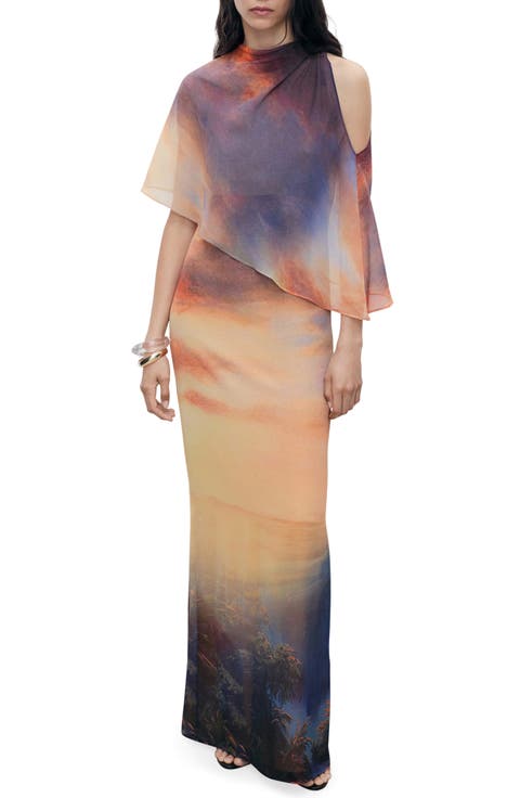 Abstract Print Cape Detail Gown