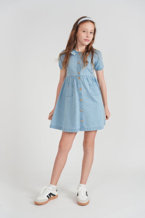 Girls Woven Denim Dress with Fringe Collar and Rope Tape Trim