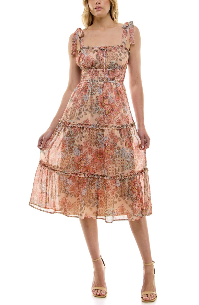 Row A Floral Smocked Tie Strap Midi Dress, Alternate, color, 