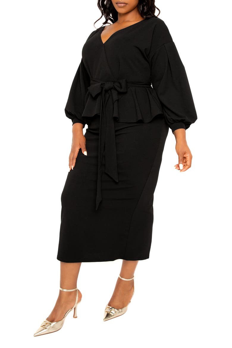 Convertible Shoulder Belted Peplum Midi Dress, Alternate, color, BLACK