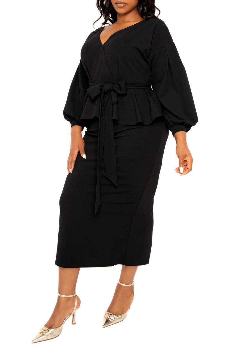 BUXOM COUTURE Convertible Shoulder Belted Peplum Midi Dress, Alternate, color, Black