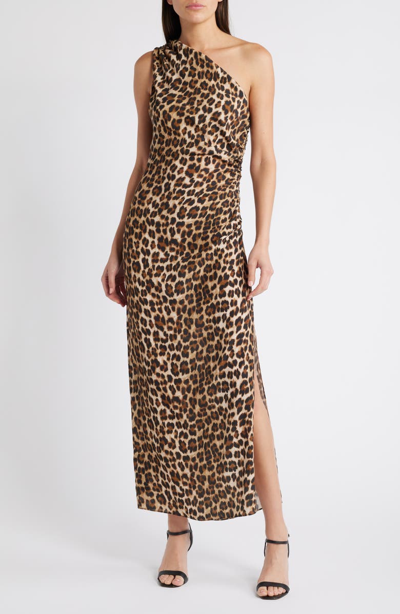 MANGO Leopard Print One-Shoulder Dress, Main, color, Light Beige