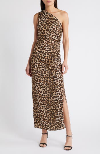 Shop Mango Leopard Print One-shoulder Dress In Light Beige