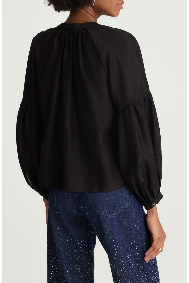 Shirred Balloon Sleeve Button-Up Top, Alternate, color, JET BLACK