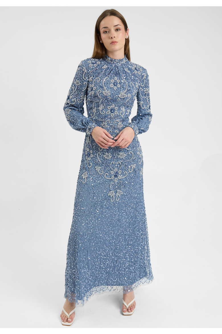 Modest Embellished Sequin Beaded Dress Maxi With Cuff Sleeves, Alternate, color, POWDER BLUE