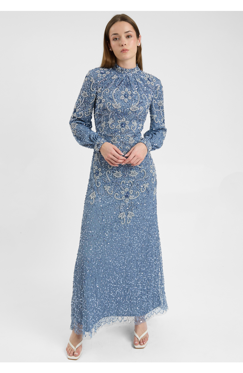 MARYISA Modest Embellished Sequin Beaded Dress Maxi With Cuff Sleeves, Alternate, color, Powder Blue