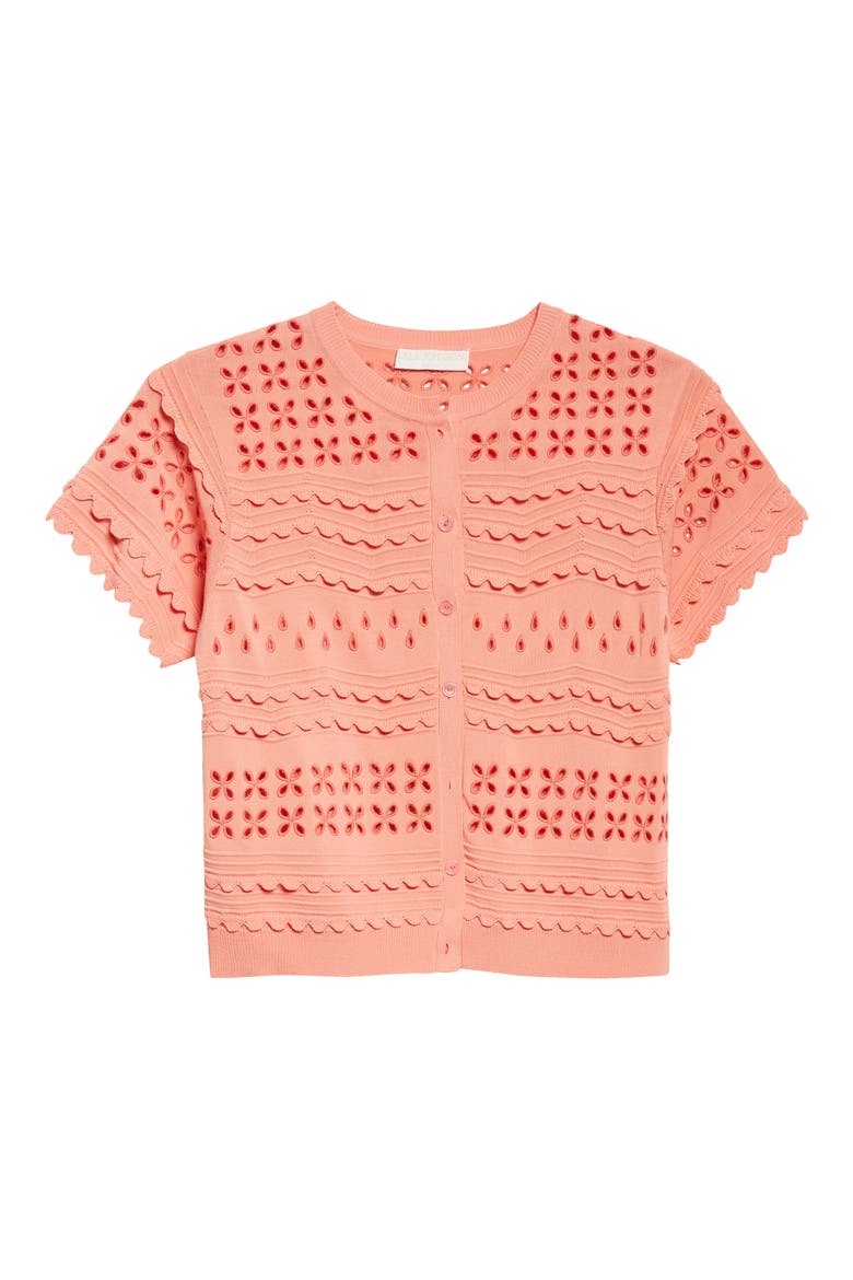 Abriana Eyelet Scallop Trim Cardigan, Alternate, color, CORAL PEONY