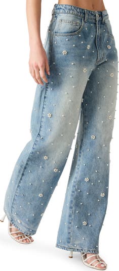 Fianna High Waist Faux Pearl Flare Leg Jeans