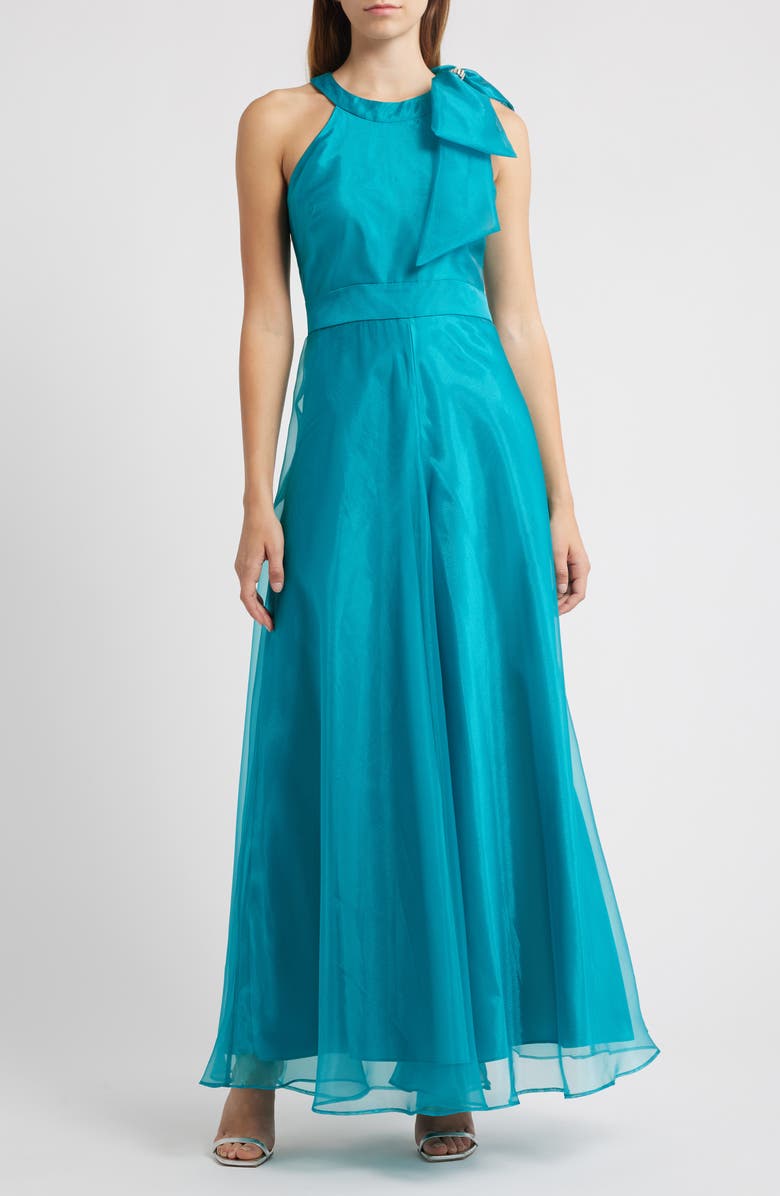 Eliza J Bow Detail One-Shoulder Taffeta Jumpsuit, Main, color, Jade