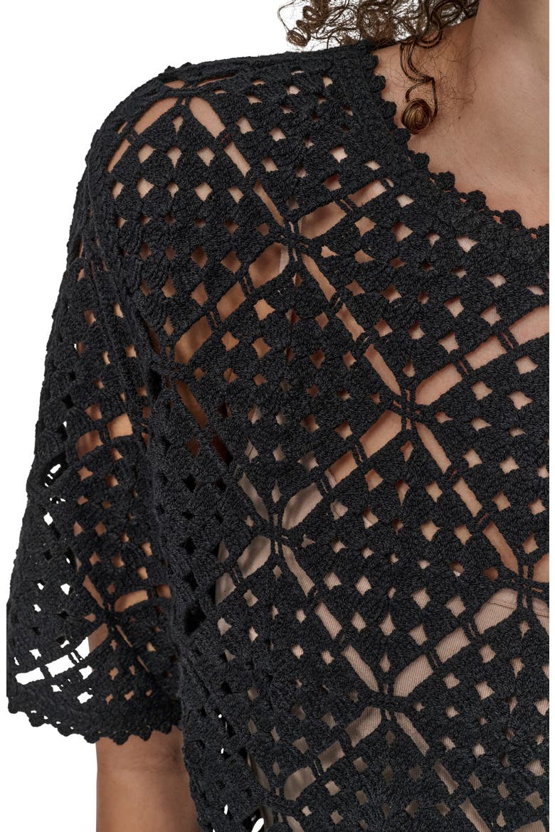 Crochet Stitch Short Sleeve Sweater, Alternate, color, BLACK