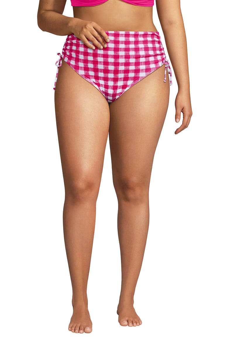 Chlorine Resistant Adjustable High Waisted Bikini Swim Bottoms, Main, color, Azalea Pink Gingham Pique