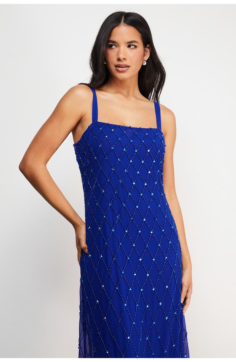 Warehouse Hand Embellished Fringe Hem Midi Dress, Alternate, color, Cobalt