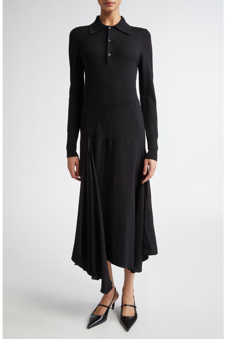 Long Sleeve Mixed Media Shirtdress, Main, color, BLACK / BLACK